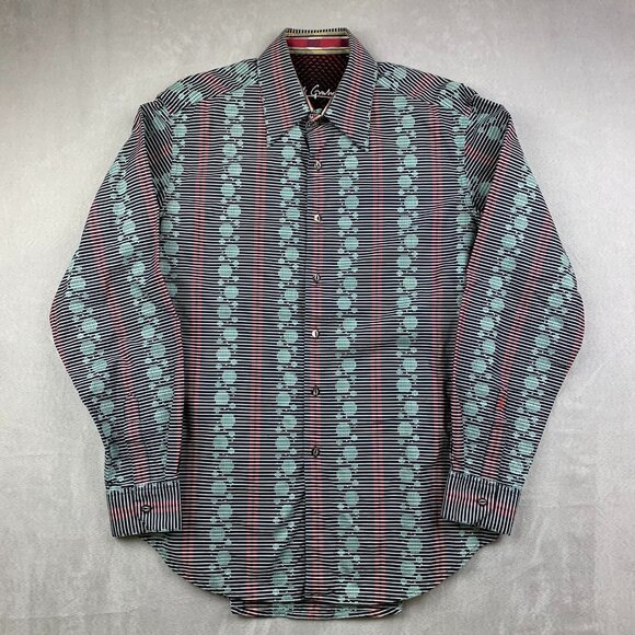 Robert Graham Mens Shirt Medium Black Red Blue Striped Pixel Pattern Button Up - Picture 1 of 11